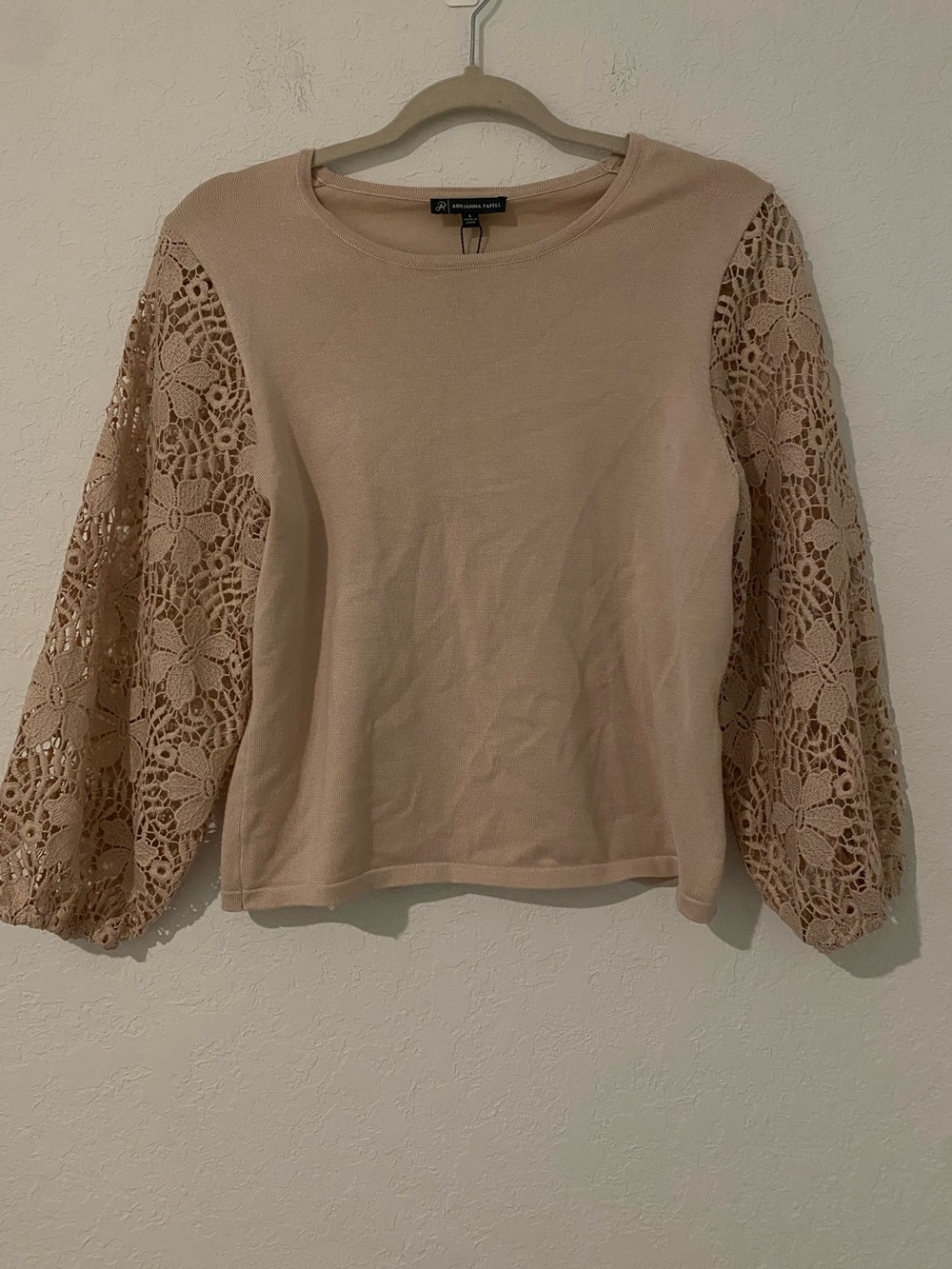 Adrianna Papell Beige Knit Top with Lace Balloon Sleeves